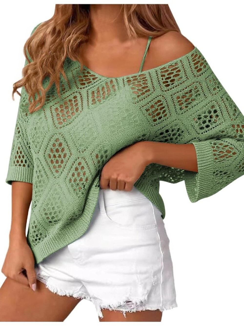 🆕Women's Mint Green Sleeve Crochet Tops Summer V Neck Beach Cover Ups Casual